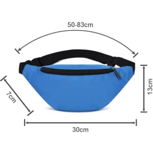 A blue bum bag with a black strap, featuring a zippered pocket and dimensions of 50-83cm (W) x 30cm (L) x 7cm (H).