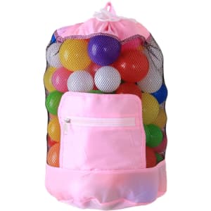 A foldable mesh drawstring backpack in pink, filled with multi-coloured balls, featuring a front zip pocket.