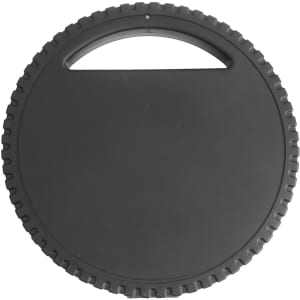 A round black car wheel tool kit with a textured grip and a handle on top.