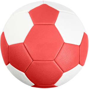A handball with red and white panels, featuring a hexagonal design and a logo.