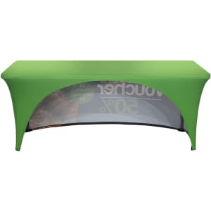 A green stretch table cover with an open back for a 6ft table, featuring a logo on the rear side.