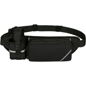 A black fanny pack with a bottle holder, featuring a zippered compartment and adjustable strap. Includes reflective details.