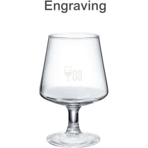 A clear glass brandy snifter with a wide bowl and a tall stem, featuring a logo on the front.