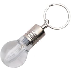A light bulb-shaped flash drive in clear and silver, attached to a keyring. Features a simple design and a logo.