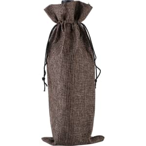A brown wine drawstring bag made of textured fabric, featuring a black drawstring closure and base.