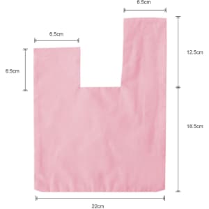 A pink cotton wrist bag with a rectangular shape and dimensions labelled in centimetres. It has a logo visible.