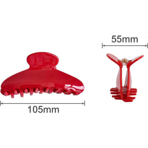 A red acetate hair clip with a glossy finish, measuring 105mm by 55mm, featuring a logo.