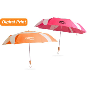 A lightweight umbrella with a wooden handle, featuring orange and pink designs, and a logo.