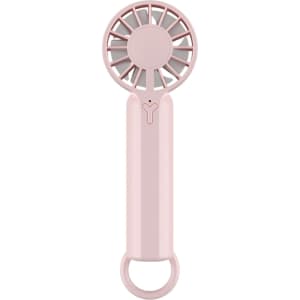 A pink portable handheld fan featuring a circular grille and a loop for easy carrying. A logo is present.