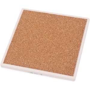 A square coaster featuring a natural cork surface and a white border. Suitable for home use.