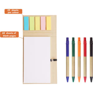 A memo pad with a ballpoint pen set, featuring green, blue, orange, red, and black pens. Includes sticky notes in pastel colours.