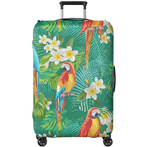 A suitcase cover featuring a vibrant tropical design with colourful parrots and floral patterns on a green background.