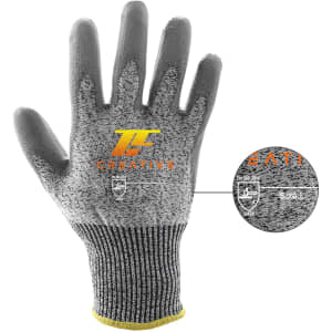 Cut resistant PU gloves in grey with a yellow wrist cuff, featuring a logo on the back of the hand.