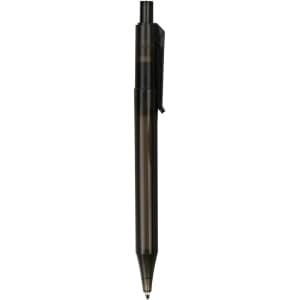 A transparent barrel pen with a black body, featuring a clip and a fine tip for writing.