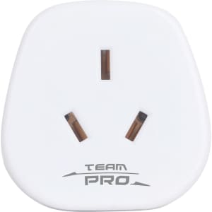 A white universal travel adapter featuring three prongs and a brand logo at the bottom.