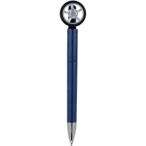 A fidget spin tire shape pen in navy blue with a black tire and silver wheel design at the top.