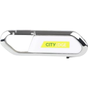 A mini carabiner flash drive in silver and white, featuring a logo on one side.