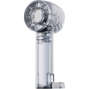 A transparent cooling fan in a sleek design, featuring a rounded top and a cylindrical base.