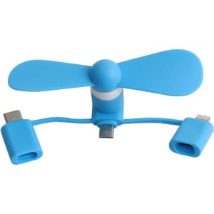 A blue 3 in 1 smart phone fan with two connectors for different devices. It features a simplistic design and a small size.
