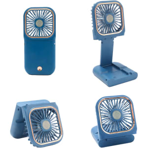 A blue folding neck fan with a phone stand, featuring a compact design and adjustable angles. It includes a logo.