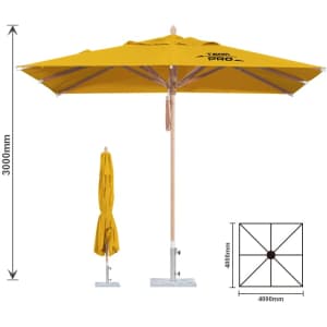 A yellow wind-resistant square outdoor umbrella with a wooden pole, featuring a logo and measuring 4x4m.