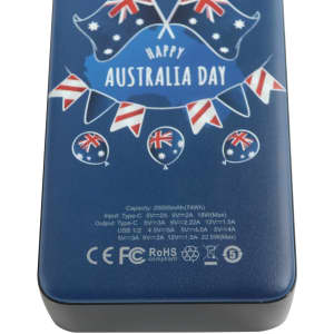 A blue power bank featuring a full-colour print with Australian-themed designs and a logo.