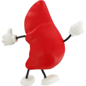 A red liver-shaped stress reliever with white hands and feet, featuring a playful posture.