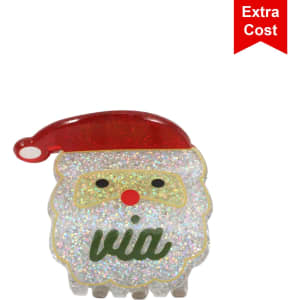 A festive hair claw featuring a sparkly Santa design with a red hat and green detailing.