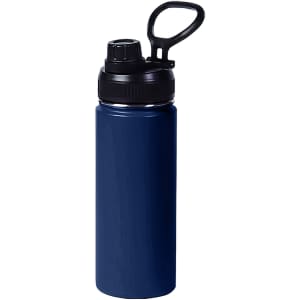 A drink bottle in navy blue stainless steel with a black lid and carry handle. Features a logo on the side.