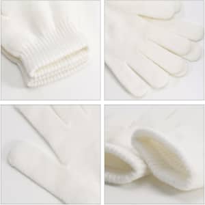 A pair of plain white knitted gloves with a woven label, featuring ribbed cuffs and a soft texture.