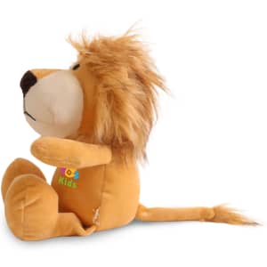 A plush lion toy in shades of tan and brown, featuring a fluffy mane and a small logo on its side.