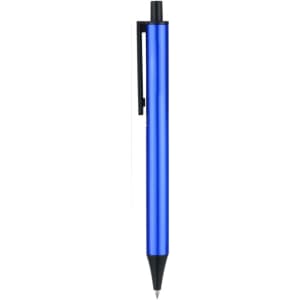 A blue plastic click pen with a black clip and tip, featuring a branding logo.