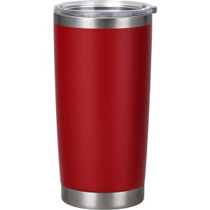 A drink bottle made of red stainless steel with a double wall design and a clear lid. It has a silver base and a logo.