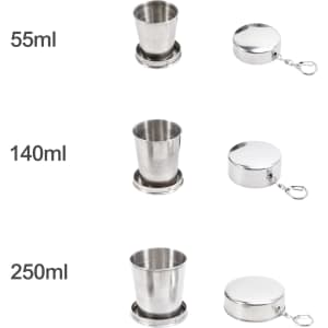 Compact stainless steel folding cups in silver, available in 55ml, 140ml, and 250ml sizes, with storage lids.
