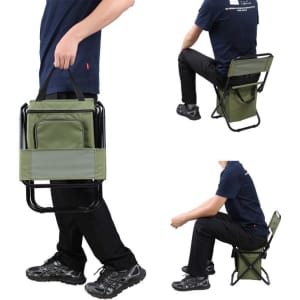A foldable camping chair in green with a cooler bag, featuring a compact design and sturdy black frame.