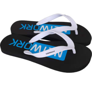 A pair of black thongs with white straps and blue branding on the footbed.