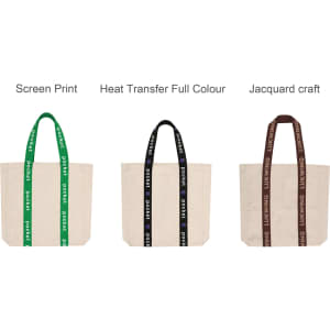 Three custom woven handle tote bags in cream, featuring green, black, and brown handles, each with a different strap design.