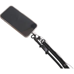 An adjustable black phone lanyard attached to a smartphone, featuring a secure fastening system.