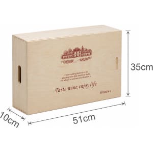 A wooden gift box for six wine bottles, featuring a natural beige colour and engraved design. Dimensions are 51cm x 35cm x 10cm.
