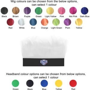 A variety of wig and headband colour options, including black, brown, white, and purple, displayed with a logo.
