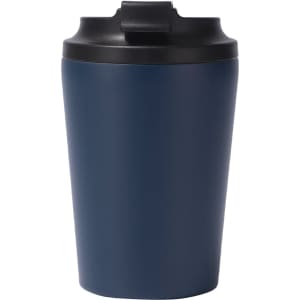 A drink bottle with a navy blue powder-coated finish and a black lid. It features a logo on the surface.