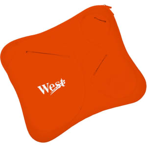 An orange laptop bag with multiple pouches and a logo. The bag features a sleek, streamlined design.