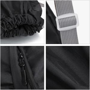A black bucket drawstring backpack featuring a cinched top, grey strap, and detailed zippers. It includes a logo.