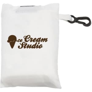 A white foldaway shopping bag with a clip, featuring a logo on the front.