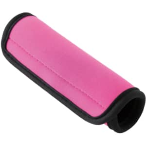 A pink neoprene luggage grip with black trim, featuring a smooth, padded design. It has a logo on one side.