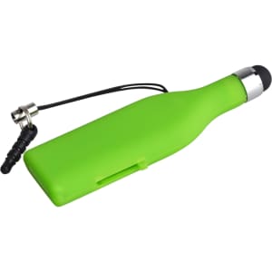 A green stylus flash drive shaped like a drink bottle, featuring a headphone jack and a metallic accent.