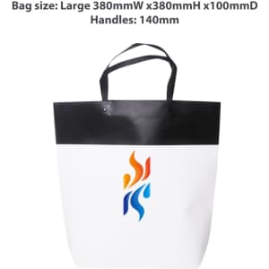 A large black and white boutique paper bag with a logo and sturdy handles. Dimensions: 380mm x 380mm x 100mm.