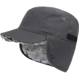 A thickened earflap hat in grey with a plush interior and adjustable ear flaps. It features a logo on the side.