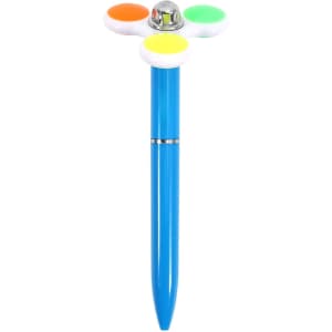 A blue pen with a spinning top featuring orange, yellow, green, and white accents. Includes a branding logo.