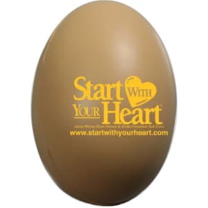 A brown egg-shaped stress reliever featuring a logo on one side. The product is smooth and rounded.